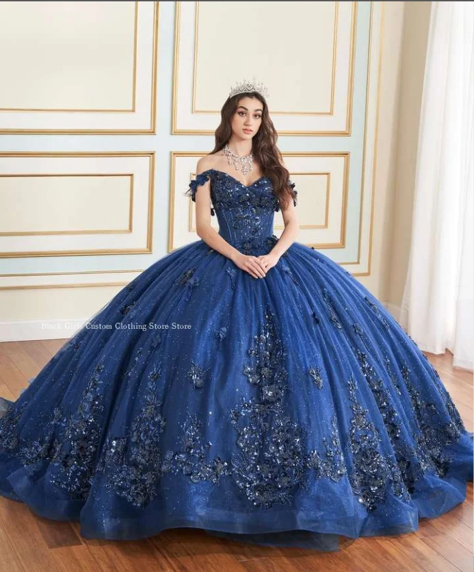 Vestidos de baile de quinceañera, Apliques de encaje de un hombro, cuentas de México 16, vestidos de fiesta azul del Tesoro de la princesa