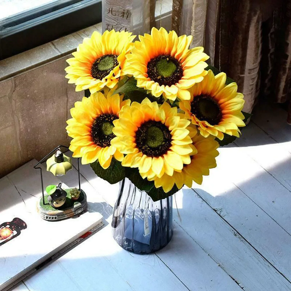 1 Bunch 7 Heads Artificial Sunflowers Fake Flower Bouquet For Garden Bookstore Wedding Cafe Store Party Home Decor