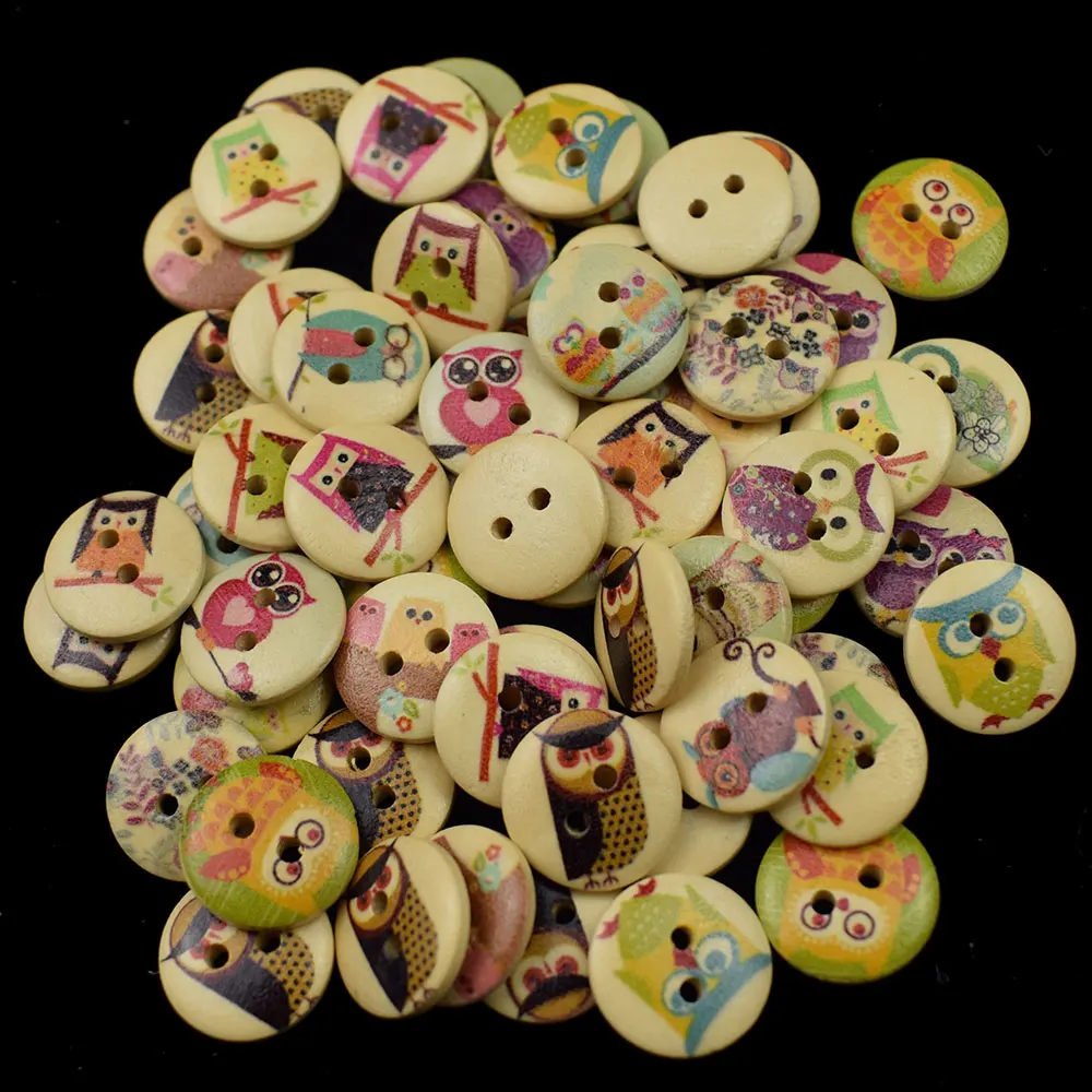 

Круглые деревянные пуговицы, швейная одежда для скрапбукинга, узор совы, поделки, аксессуары для ручной работы, 15 мм, 50 шт.