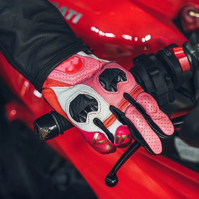 For Motorcycle P7 Leather Gloves Carbon Fiber Anti-Fall Touchscreen All-Season Pink No-Drill Accesorios Moto view 5