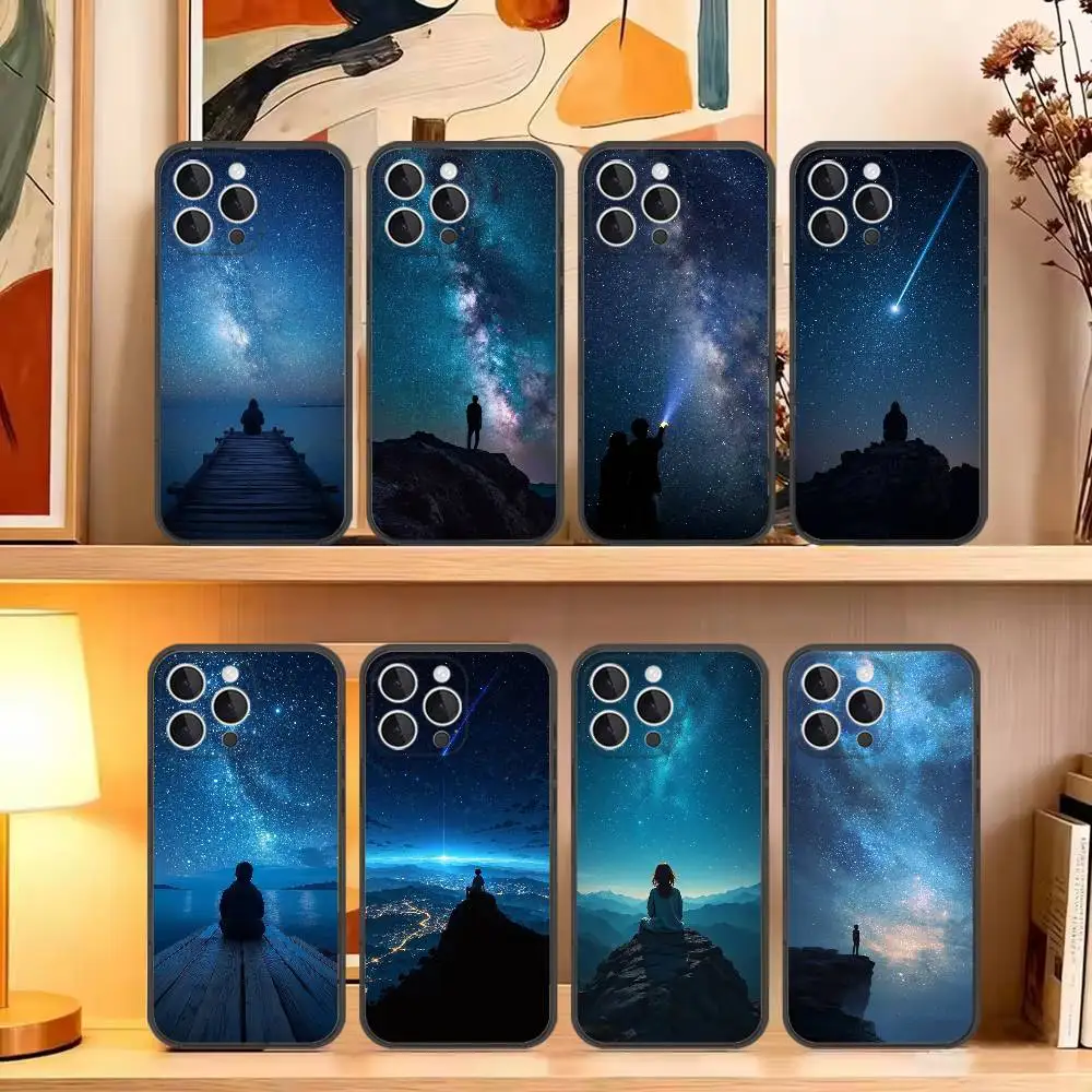 Funda para Teléfono con Silueta de la Vía Láctea para iPhone 16, 15, 14, 13, 12, 11, Pro, Max, Plus, X, XS, SE4, E, Mini, Funda Negra Suave