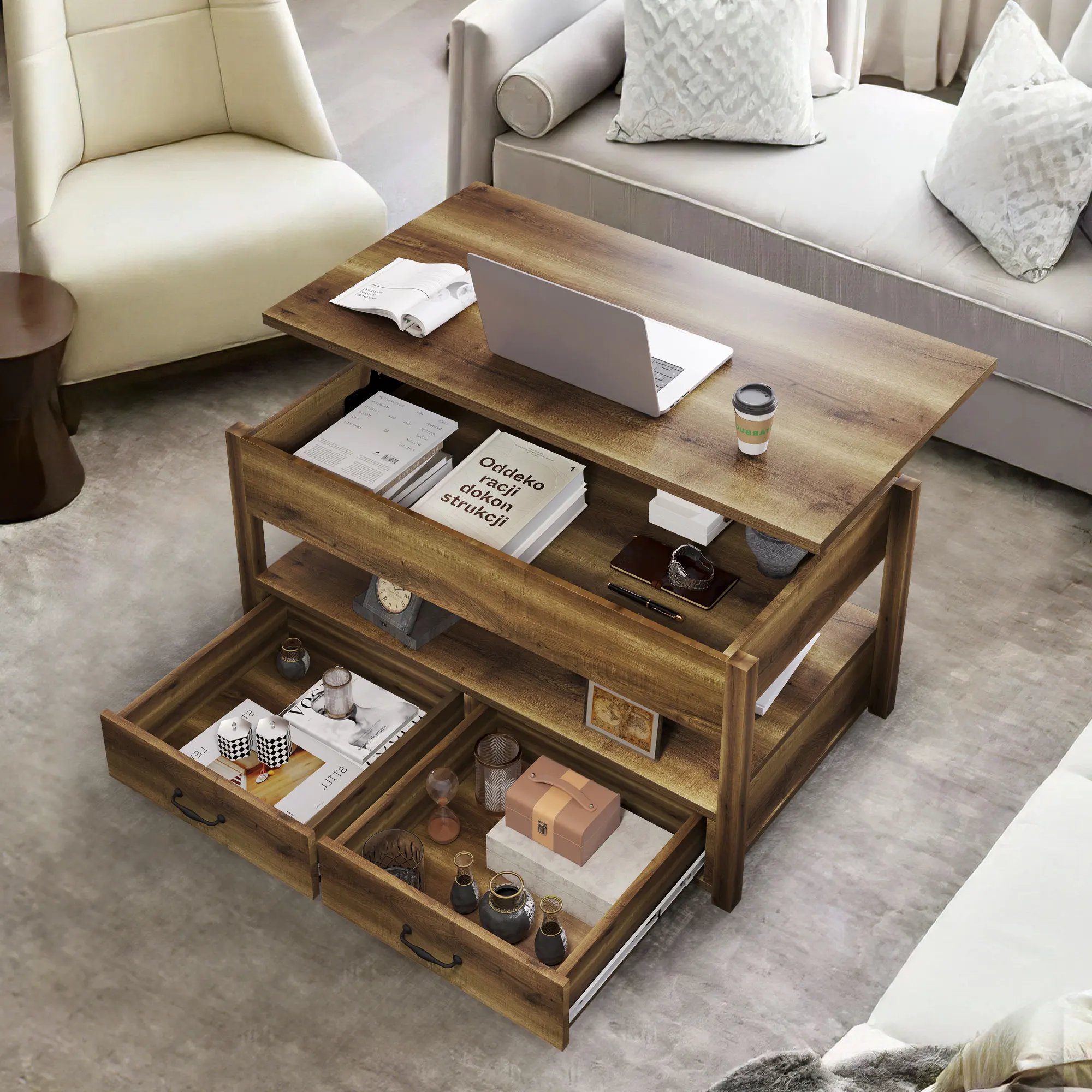 2 Drawer Lift Top Coffee Table Wooden with Hidden Compartment & Storage Shelves