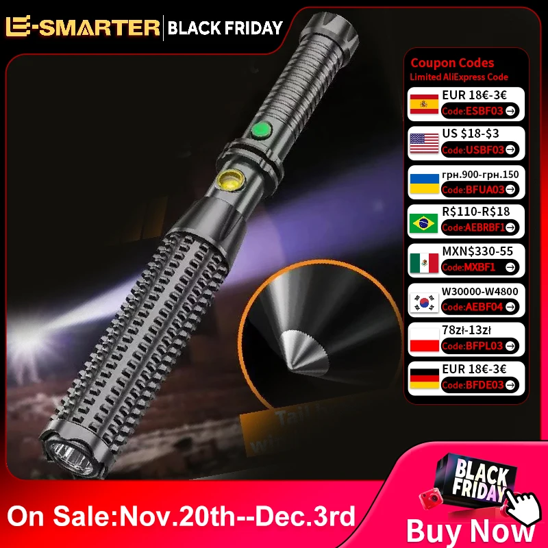 الدفاع عن النفس مصباح يدوي قابلة للشحن التكتيكية مقبض طويل الشعلة في الهواء الطلق نافذة الكسارة المطرقة مصباح يدوي للعمل في حالات الطوارئ