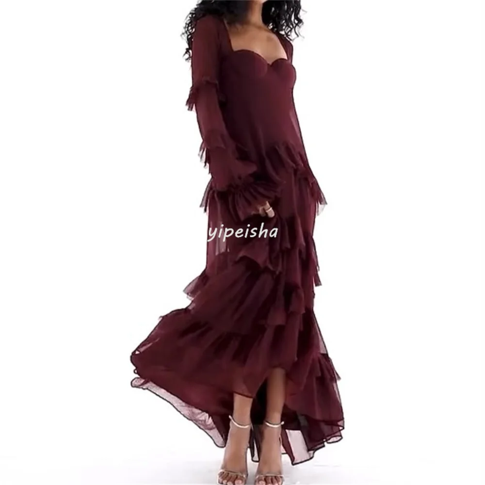 Customized Modern Style Exquisite Chiffon Pleat Ruched Draped A-line Square Neck Midi Dresses Bespoke Occasion Dresses Formal