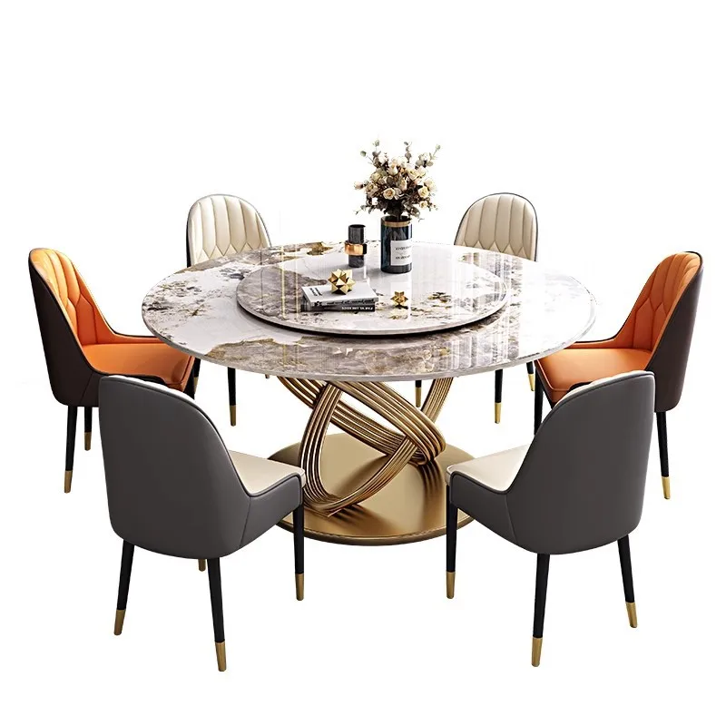 

Italian light luxury rock slab dining table and chair combination modern simple household small apartment round marble dining