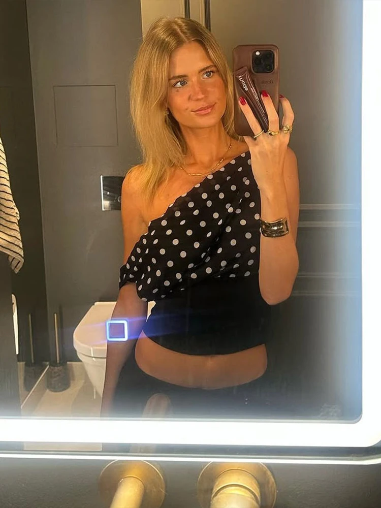 

Whatiwear Polka Dots Print T-Shirts Women Ruched Skew Collar Off Shoulder Backless Street Fashion Skinny Elegant Style Crop Tops