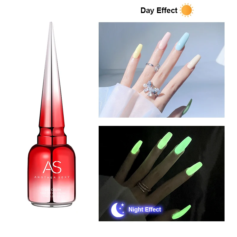 AS 15ml Luminous Gel Nail Polish Glow In Dark Fluorescent Top Coat UV LED Gel Semi-permanent Soak Off Gel TopCoat Varnish