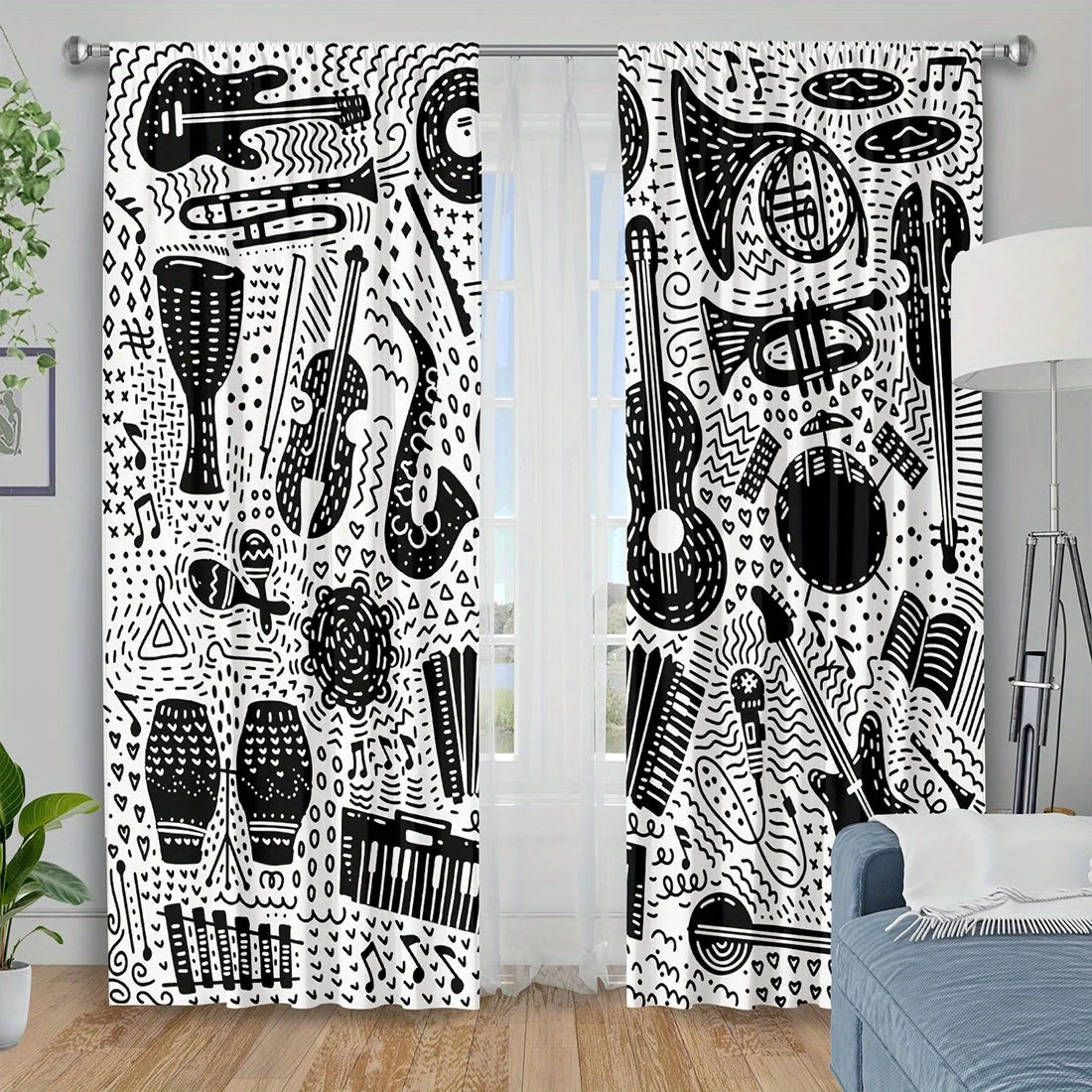 Bohemian Music Curtain Black White Jazz Guitar Instruments Drapes Window Treatment for Living Room Bedroom Polyester