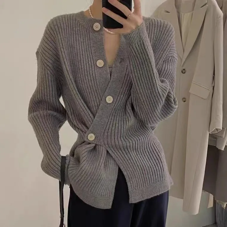 Women Sweaters O Neck Long Sleeves Irregular Cardigan Jumpers Knit Single Breasted Solid Spliced Elegant Autumn Skinny