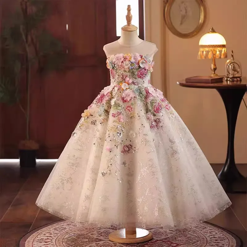 

Girls' Light Luxury Princess Dress with 3D Flower Design, Puffy Skirt for Stage Show, Host, Piano Competition, Performance Costu