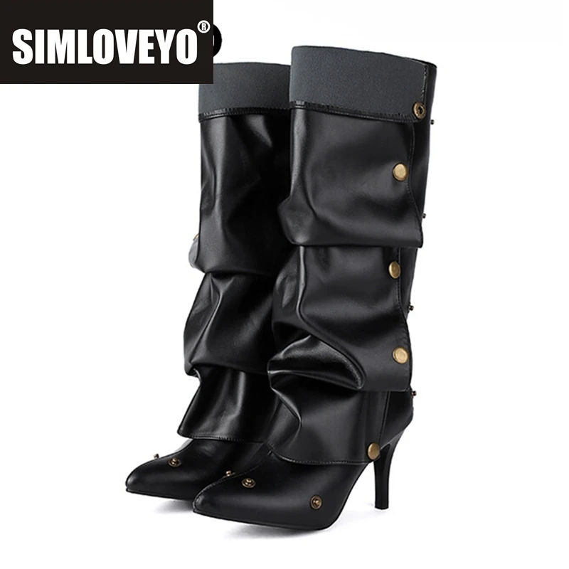 

SIMLOVEYO 2024, новый дизайн, плиссированные сапоги до колена, туфли на шпильке 8,5 см, пуговицы, съемный широкий острый носок, 44 45 46 US15