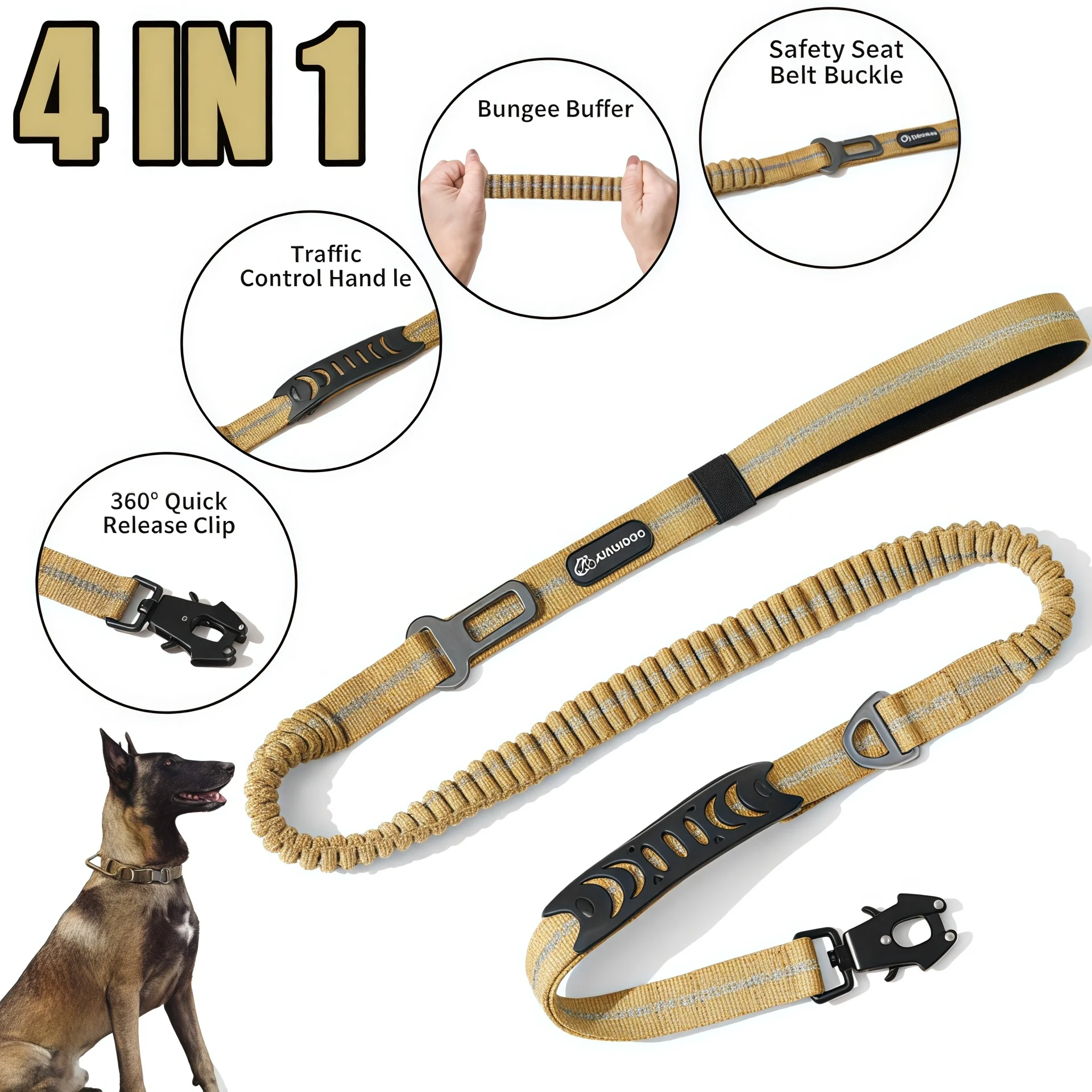 Bungee Dog Leash Shock Absorbing - Reflecterende schokabsorberende hondenriem met autogordel voor
