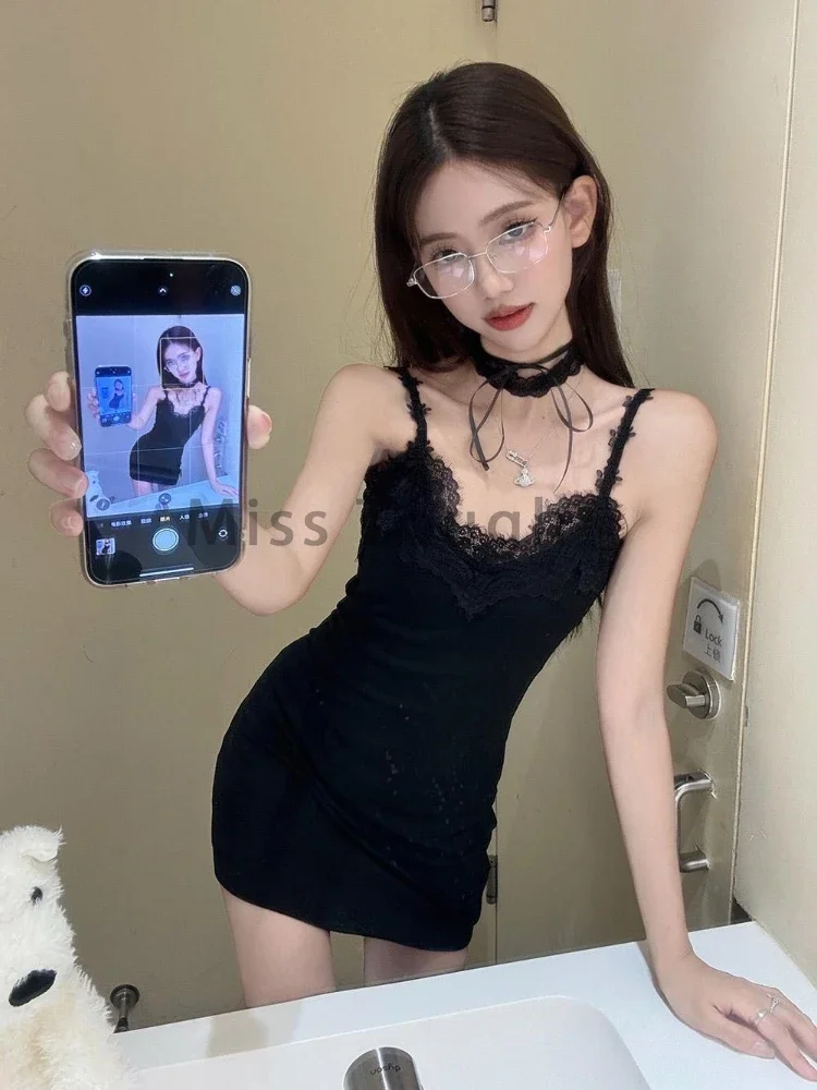 Aesthetic Y2k Lace Patchwork Dress Suit Women Sexy Long Sleeve Tops + Balck Mini Dress Sets 2000s Fashion Two Piece Sets Autumn