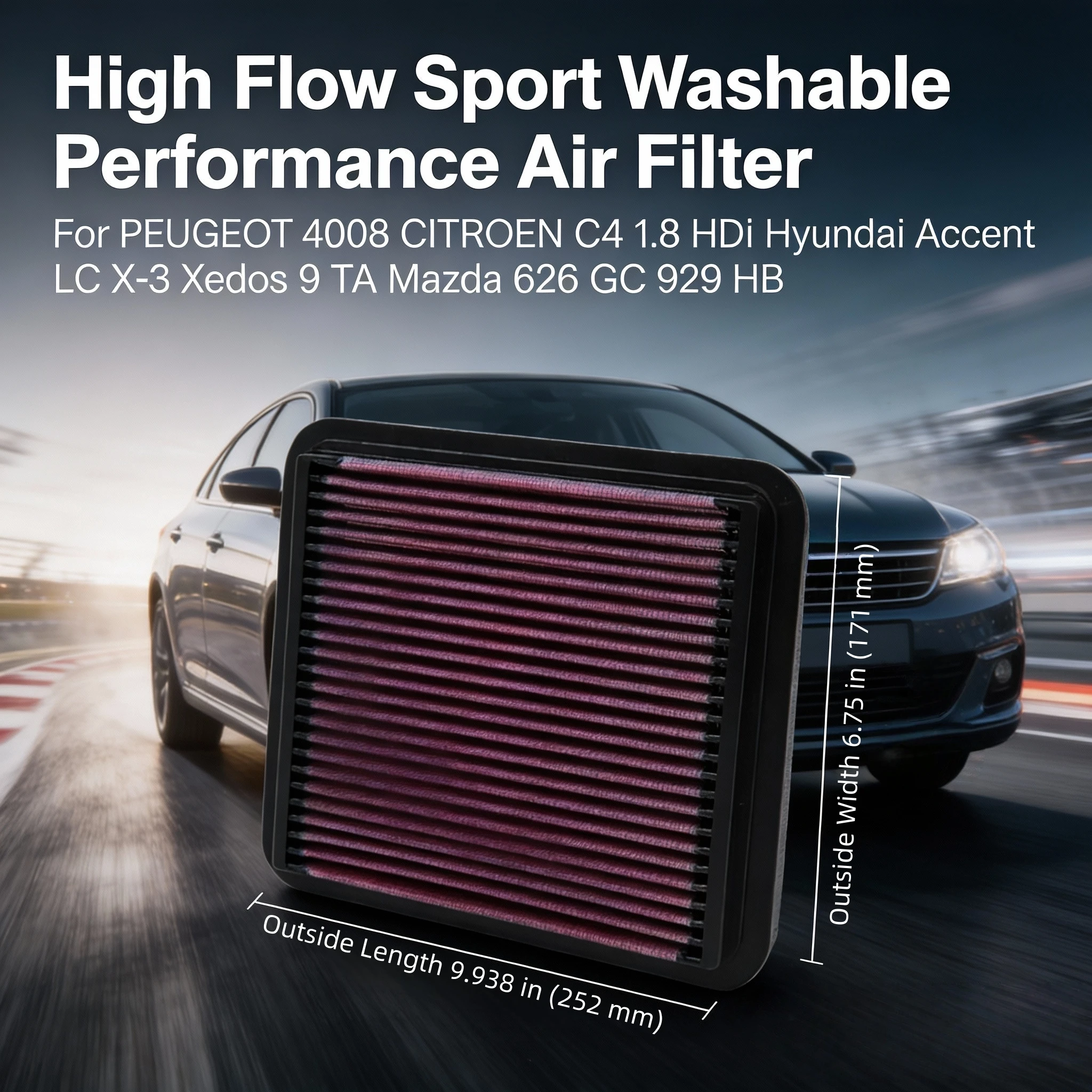 For PEUGEOT 4008 CITROEN C4 1.8 HDi Hyundai Accent LC X-3 Xedos 9 TA Mazda 626 GC 929 HB High Flow Sport Washable Air Filter