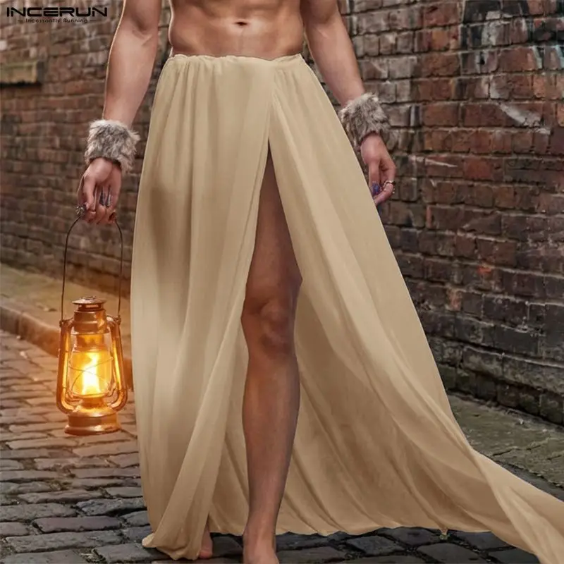 INCERUN Men Skirts Solid Color Elastic Waist Joggers Loose Casual Men Bottoms Steetwear Split Side 2026 Personality Male Skirts