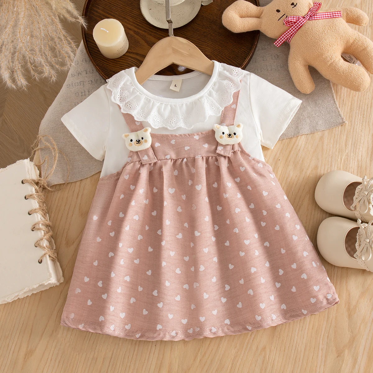 Toddler Girl Pink Cotton Dress with Heart Print And Bear Decor Short Sleeve Summer Playdate Outfit for Girls