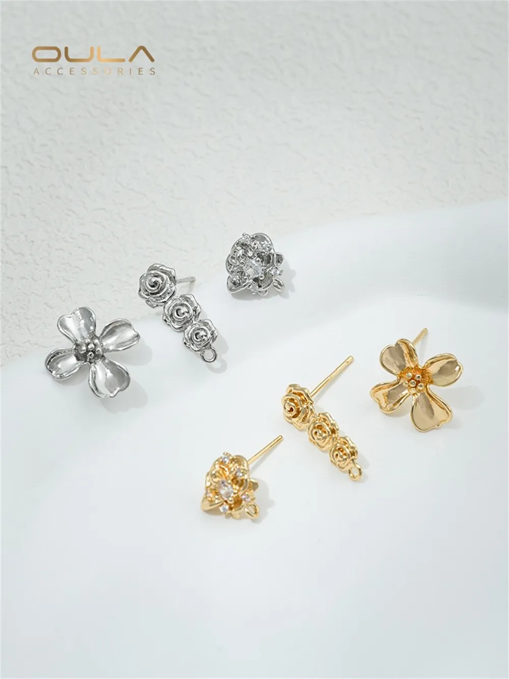 

1pcs 14K Gold-plated Rose Small Flower Ear Studs, 925 Silver Needle with Pendant, Diy Handcrafted Earrings Material