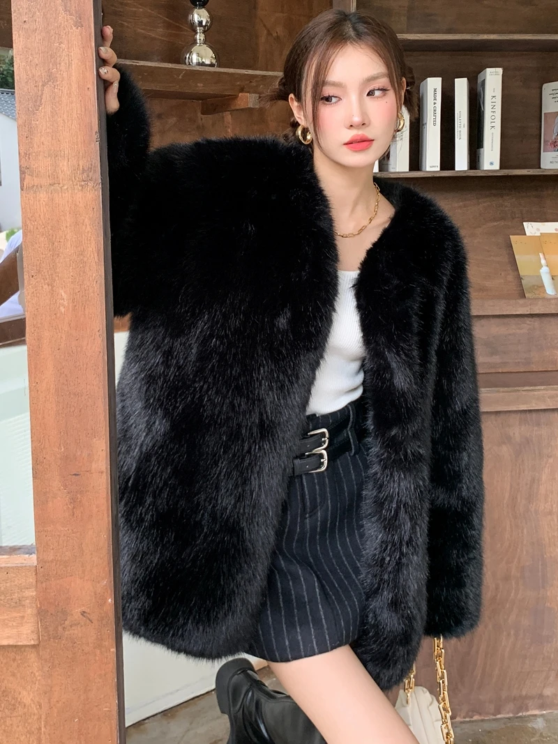 Female High Quality Faux Fox Fur Coat Black Jacket Lady Outerwear Women's Coats Promotion