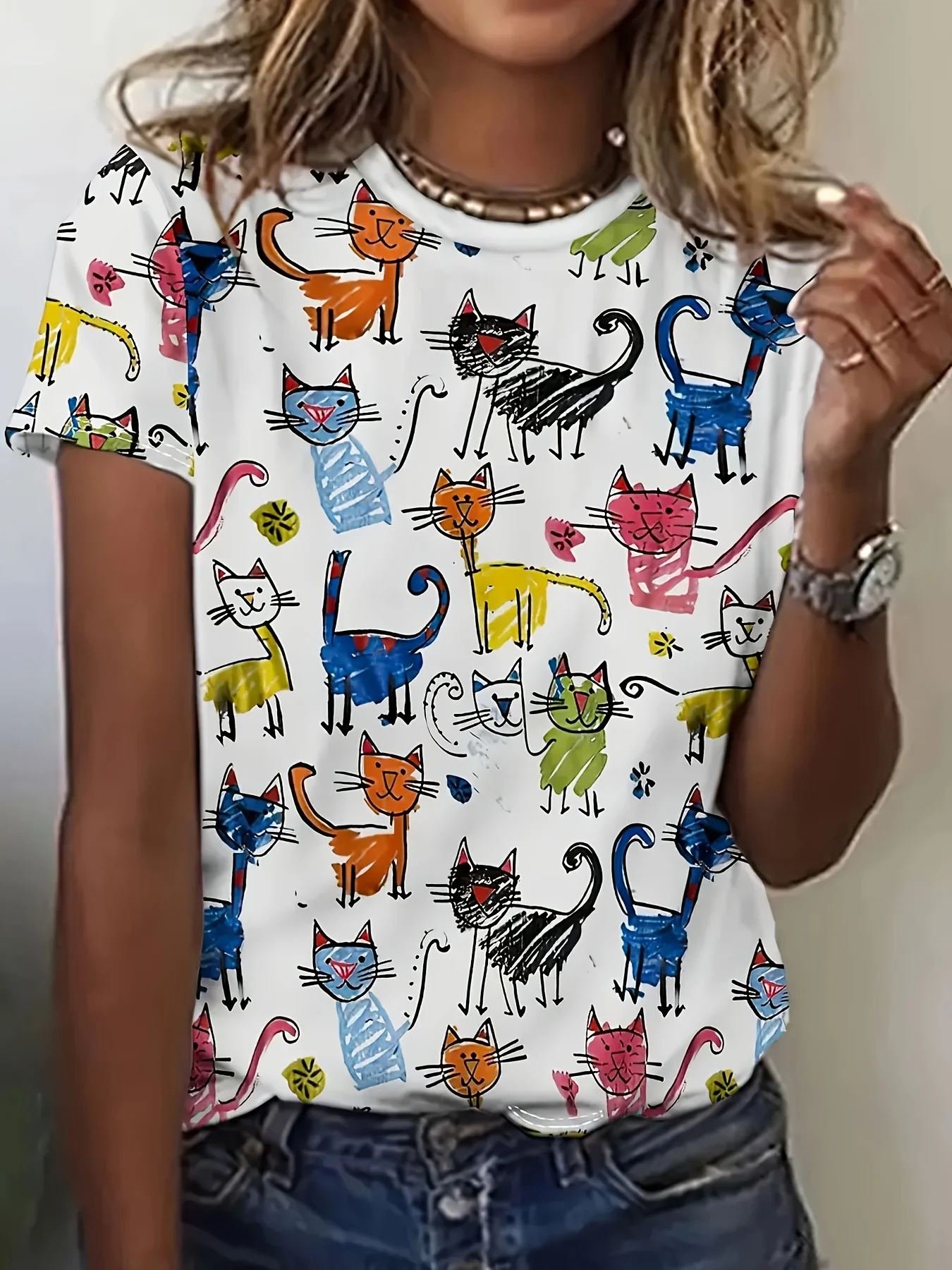 White Colorful Cats Women's Tee - Playful Cat Doodle Graphic, Cute Cartoon Print Design for Casual Daily Wear