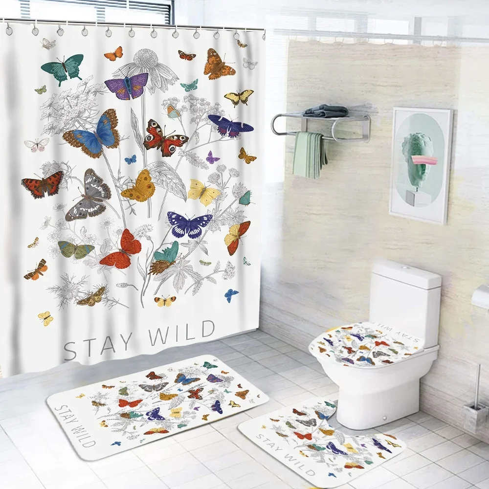 4 Pcs Hot Selling Polyester Waterproof butterfly Design  Shower Curtain Set With Bath Mat Rug Set for Bathroom Hot Sale