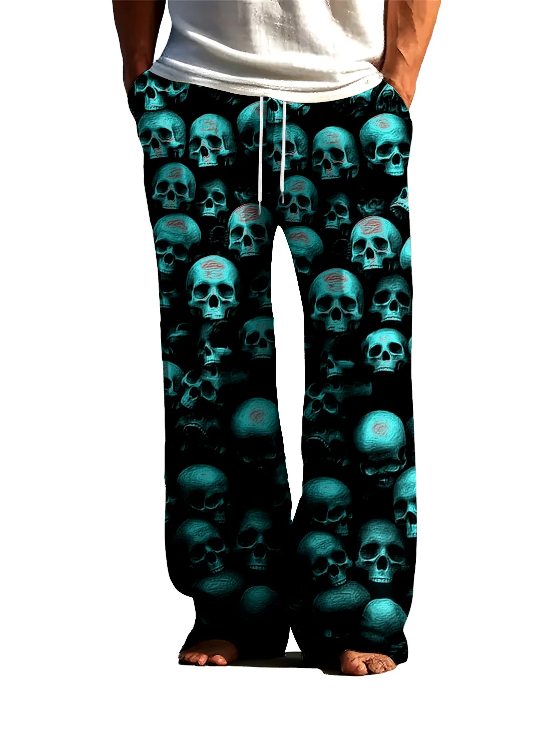 Bold Men\'s Skull 3D Printed Sleeper Pants Ice Silk Air Conditioning Home Skin friendly Sleeper Pants Can Be Wearing Externally