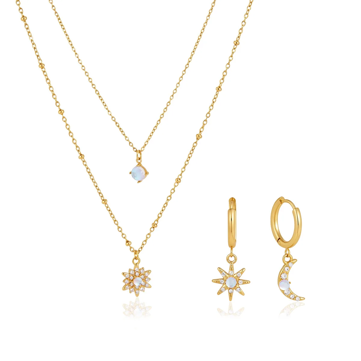 316L Stainless Steel Celestial Sun Moon Huggie Earrings Layered Necklace Jewelry Set, Waterproof Simulated Moonstone Gift