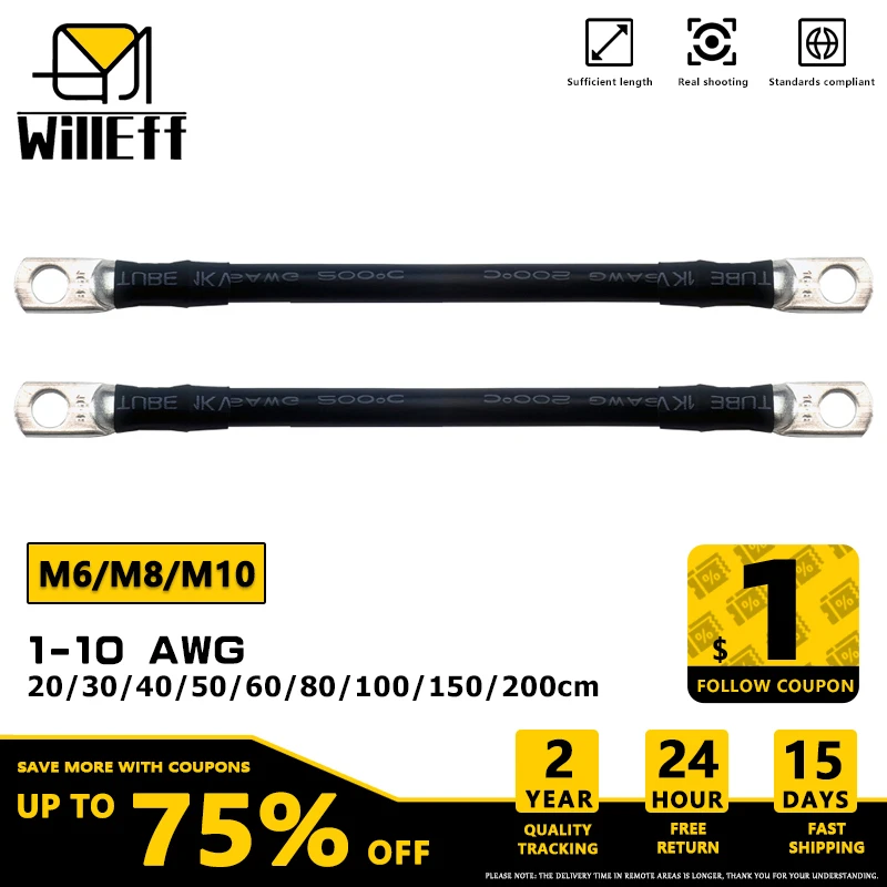 Super Soft Black Terminal wire Silicone Battery Cable With M6 M8 M10 Ring Lug For Electrical Connection 1 2 4 5 6 7 8 9 10 AWG