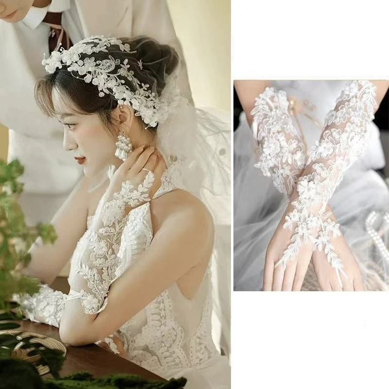 Luxurious Wedding Gloves with 3D Flowers Pearls Lace Fingerless Bridal Glove Ribbon Drawstring Design