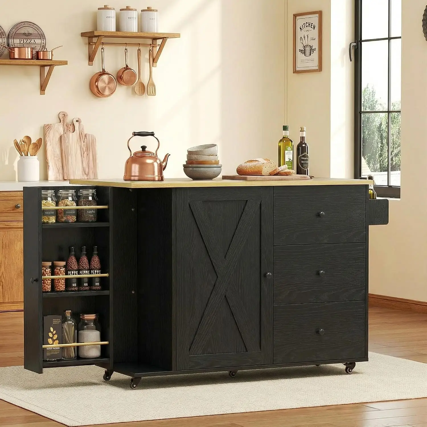 Rolling Kitchen Island with Storage & Drop Leaf, 47.2