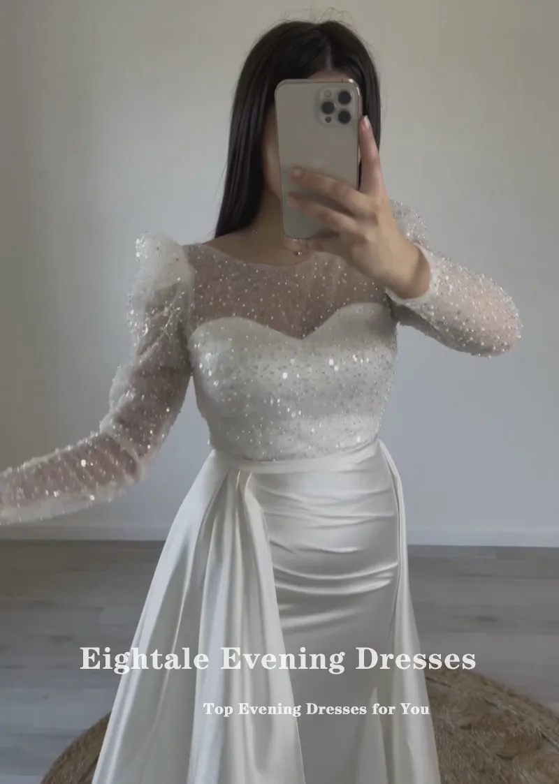 Eightale Luxury Evening Dress with Detachable Skirt Long Sleeves White Satin Customized Mermaid Prom Party Gowns