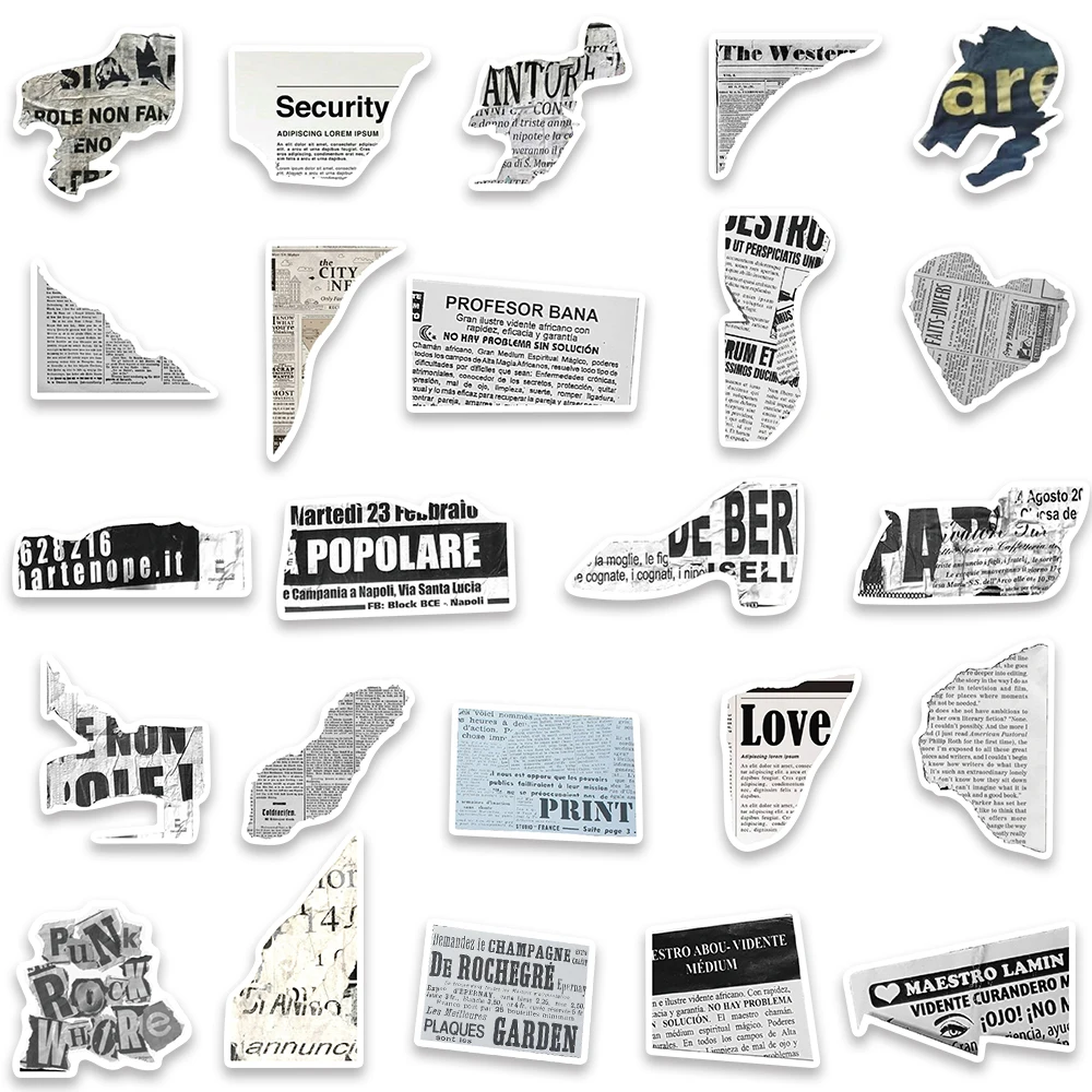 50PCS English Poem Newspaper Art Decoration Retro Text Stickers for Decals Scrapbooking Label Diary Journal Planner Sticker