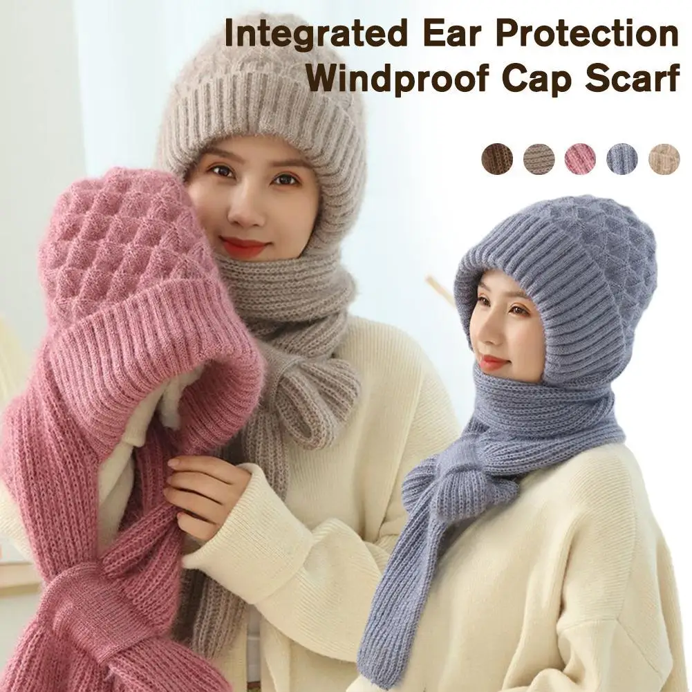 Winter Knitted Integrated Hat Thickened Knitted Skullies Hat Ear Protection Scarf Warm Beanies Cap Hooded Scarf For Outdoor Ski