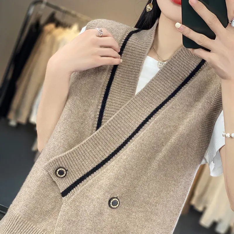 2023 New V-neck Sweater Women\'s Tank Top Knitted Cardigan Loose Spring and Autumn Sweater Coat Sleeveless Tank Top