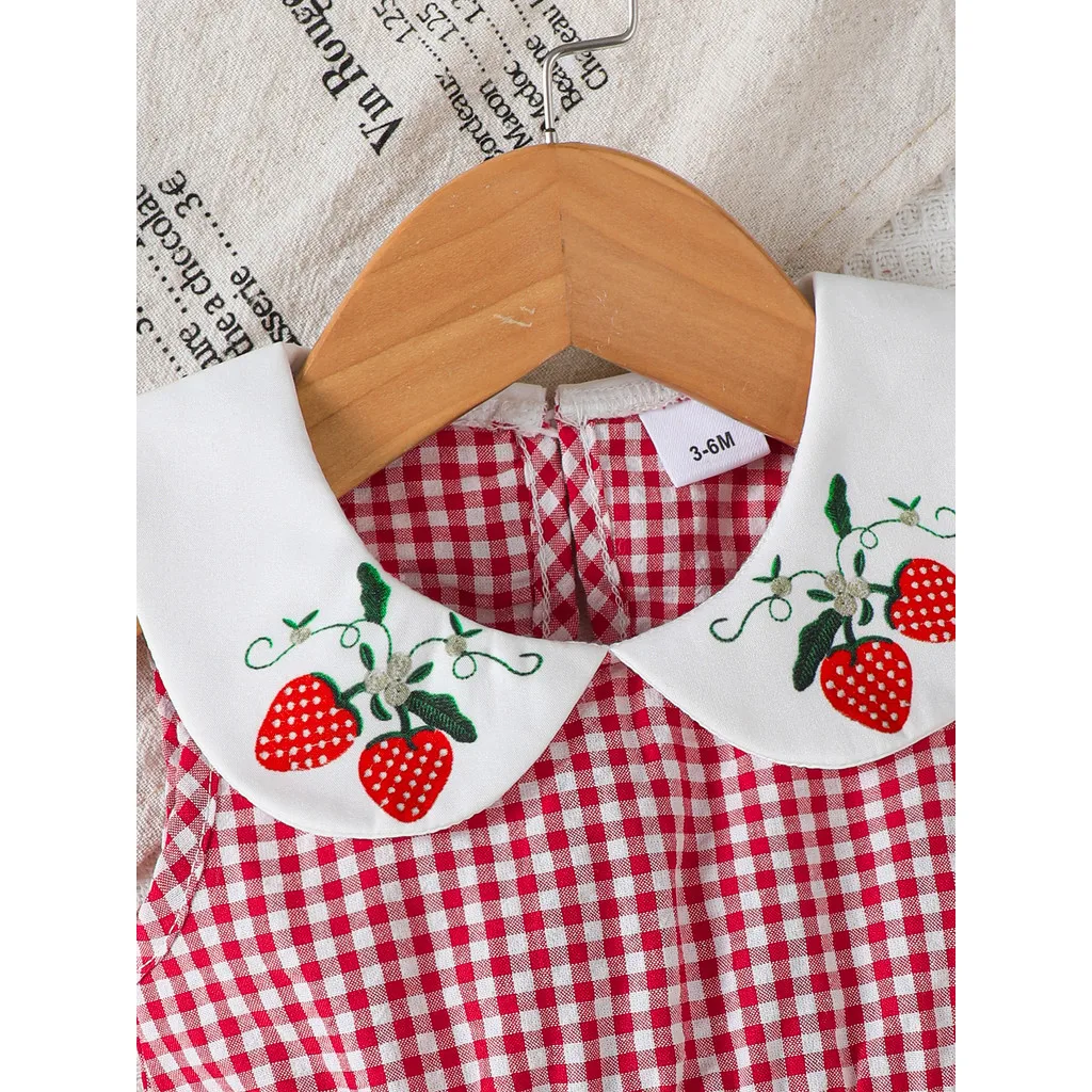 Baby Girl Dress for Infant 3-24Months Cute Strawberry Print Doll Neck Sleeveless Red Plaid Dress Summer Daily Wear Party Dresses