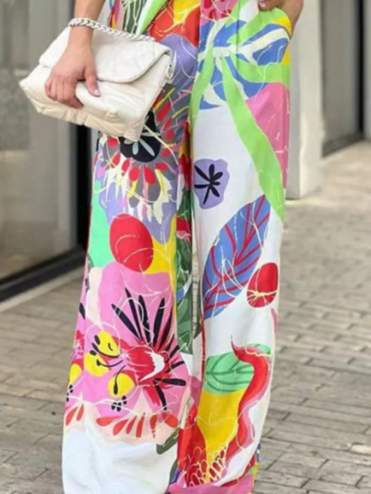 Fashion Color Print Two Piece Set Women Trendy Loose Long Sleeve Shirts Wide Legs Trousers 2 Piece Set Female  Commuting Suits