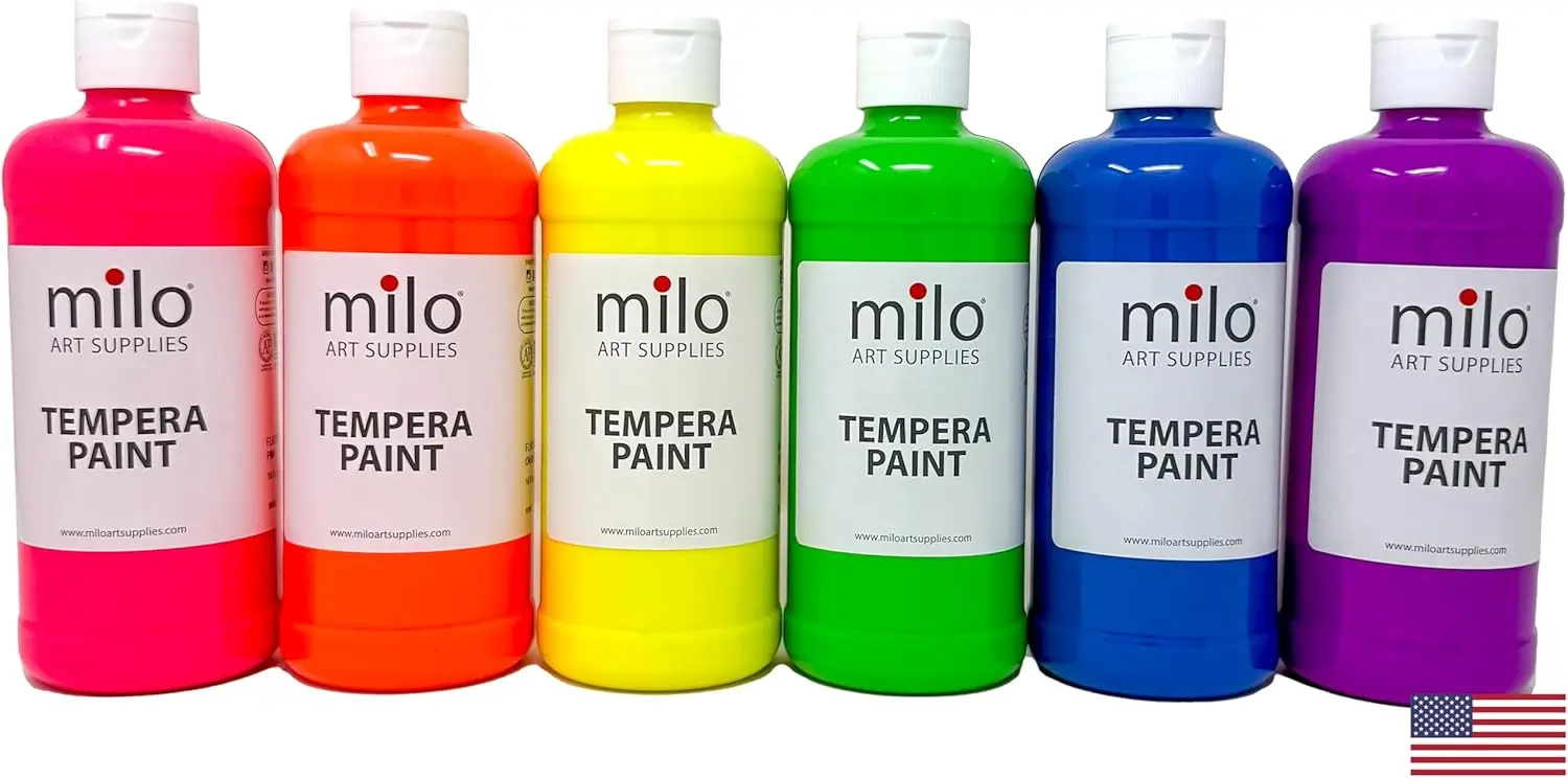 

Fluorescent Neon Washable Tempera Paint, 16 oz Bottles, 6 Colors, Glows in UV Black Light, Non-Toxic, Made in USA