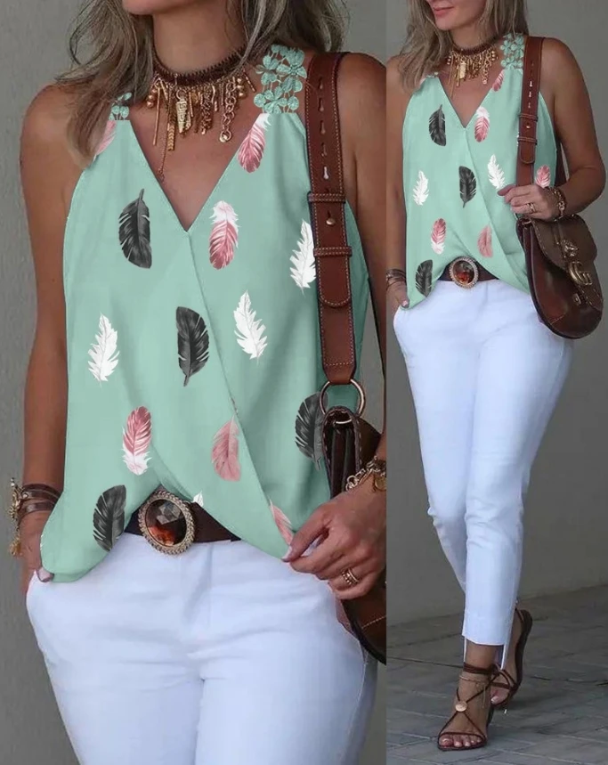 2024 Summer Casual for Female Clothing Outfits Tank V-Neck Sleeveless Feather Print Guipure Lace Daily Vacation Tank Top