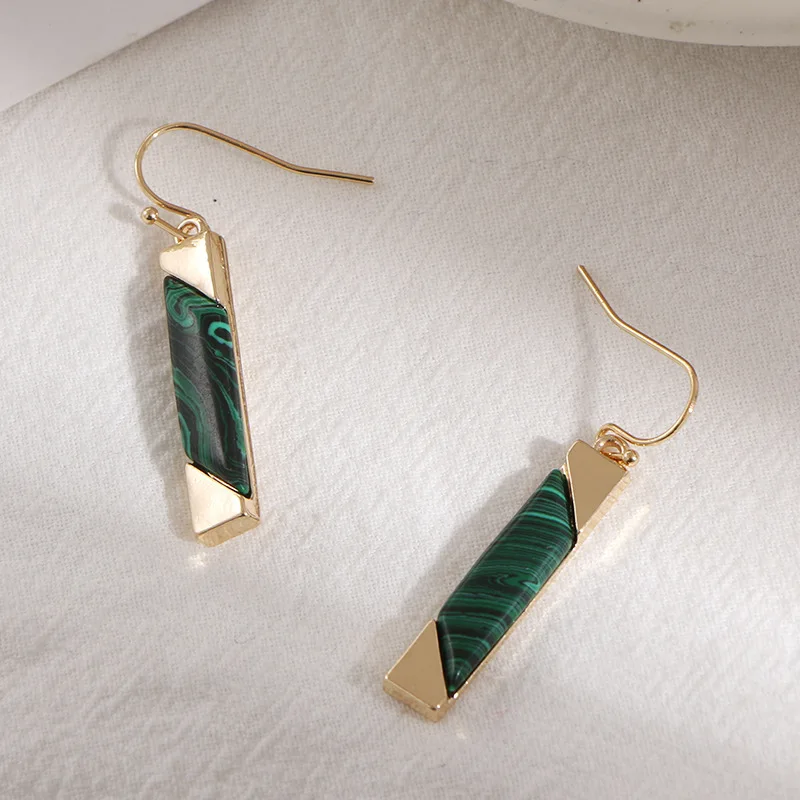 Gold Tone Plated Malachite Long Bar Dangle Earrings Natural Stone Rectangle Strip Drop Earrings for Women