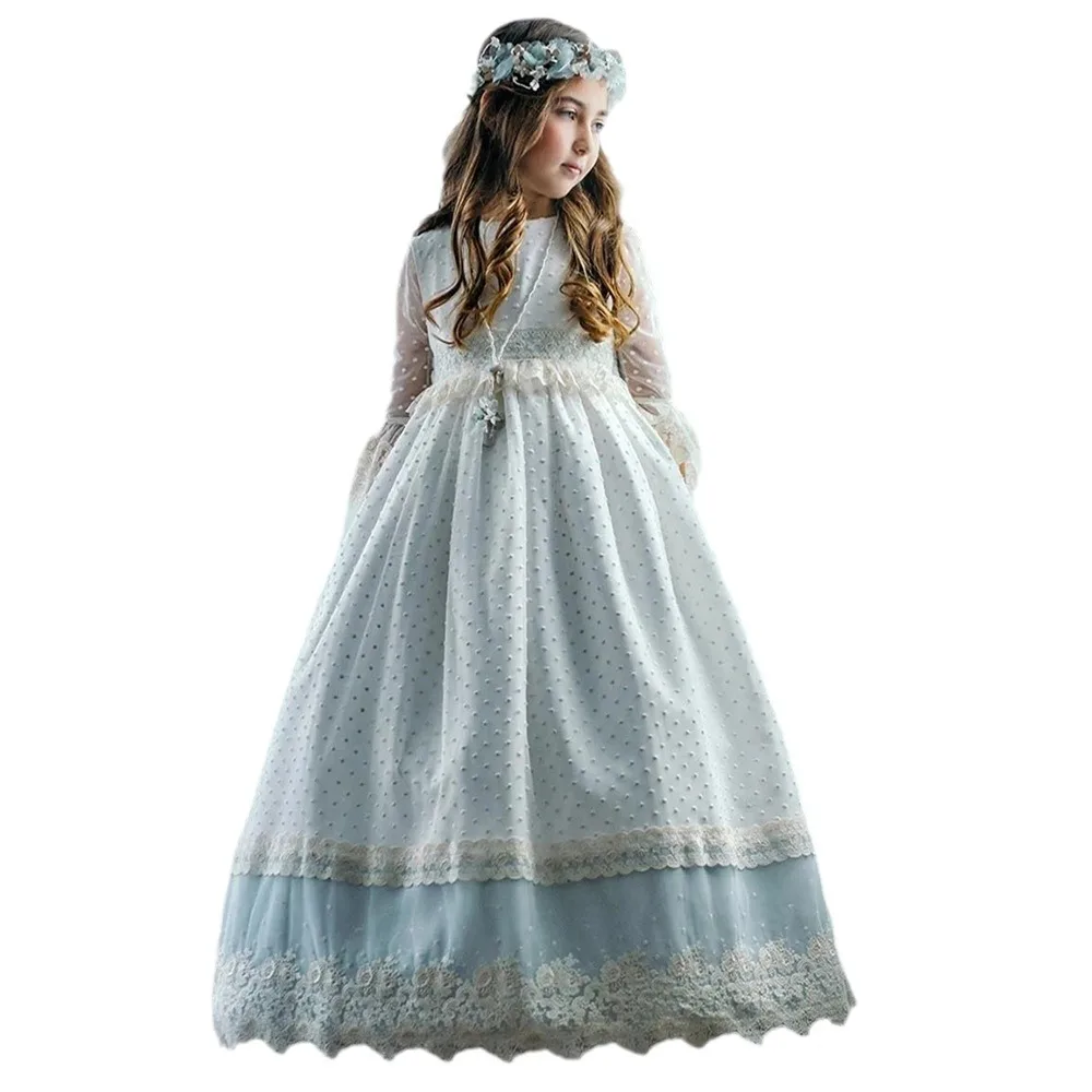 2024 Vintage Lace Girl Princess Dress Wedding Bridesmaid Dresses for Children Tulle Elegant Trendy Clothing Girls Evening Gown