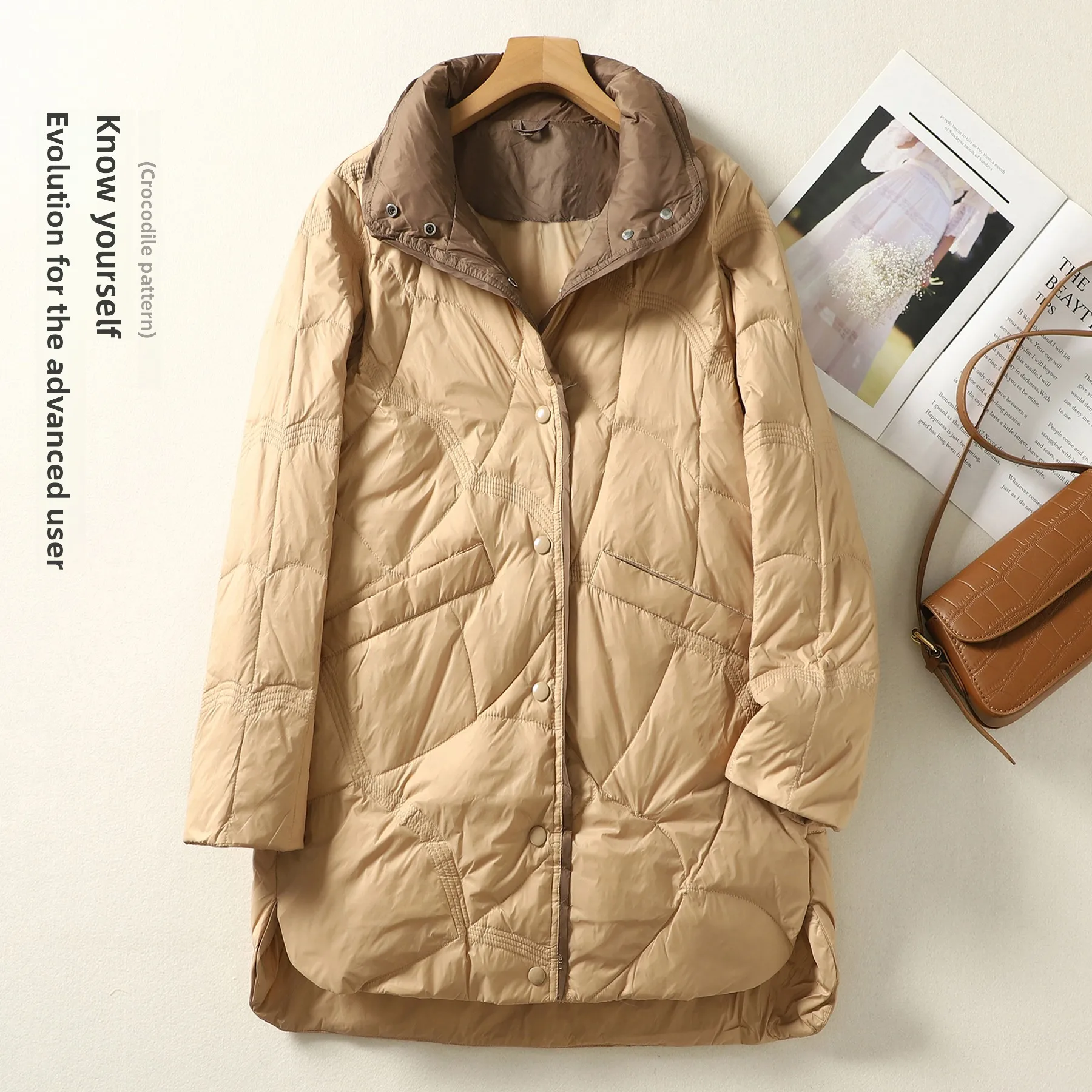 

Warmth Lightweight Cotton down Jacket Women's Mid-Length Oversize Coat Stylish Artistic White Feather Cotton Outerwear
