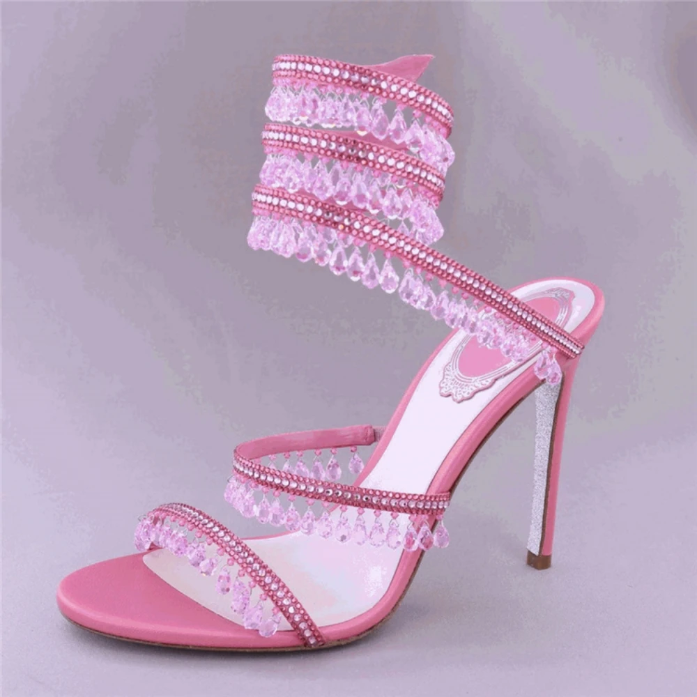 Luxury Crystal High Heels Gladiator Sandals Lady Peep Toe Rhinestone Serpentine Winding Sandals Women Thin Heels Wedding Shoes