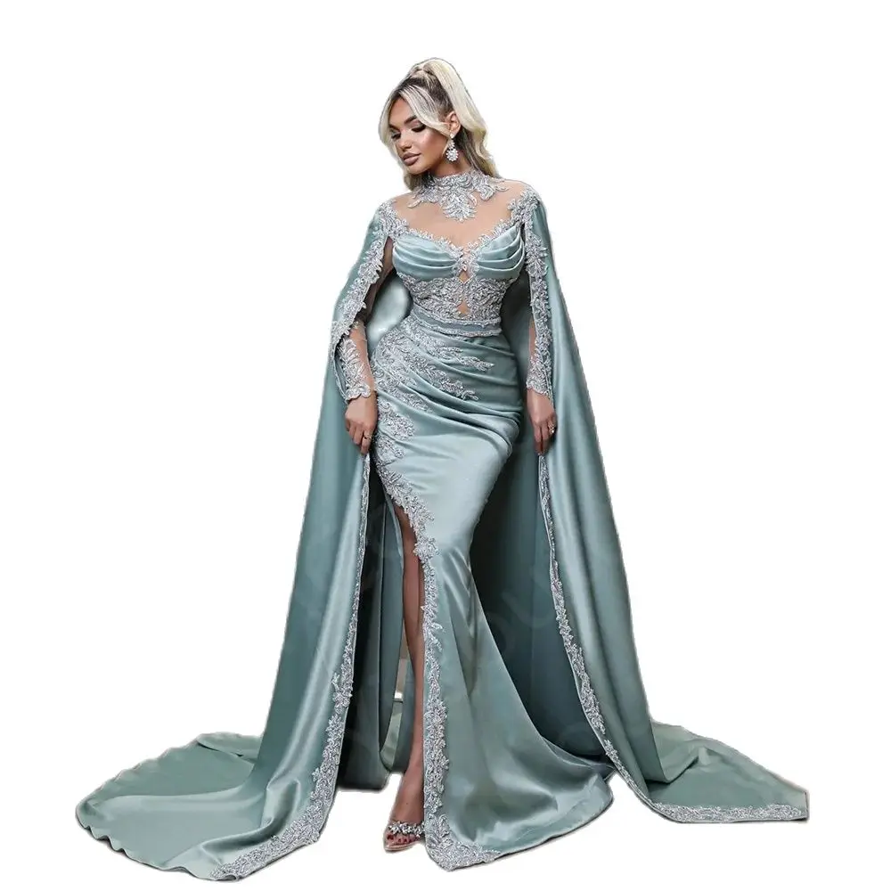 Exquisite Light Blue Evening Dresses 2024 with Cape Prom Gowns Mermaid High Neck Side Split Wedding Party Dresses Long Sleeves