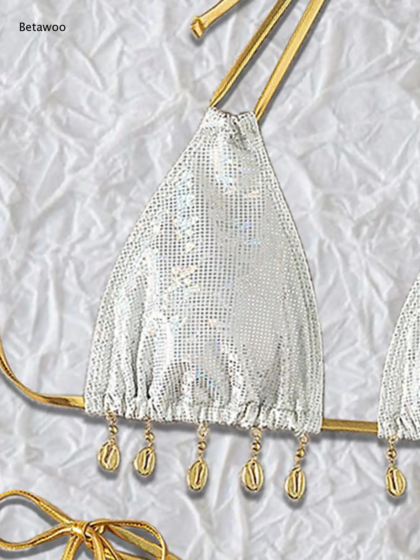 Metallic Shine Shell Halter Tie Bikini Two Piece String High Cut Swimsuit Summer Beach Pool Bathing Suit for Women
