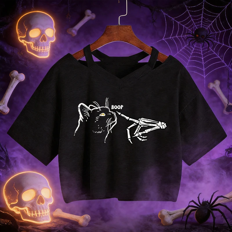 Women's V-neck Short Sleeve Cropped T Shirt with A Cat and Skeleton Hand Design Vintage Y2k Tshirt 90s Graphic Crop Tops Femme