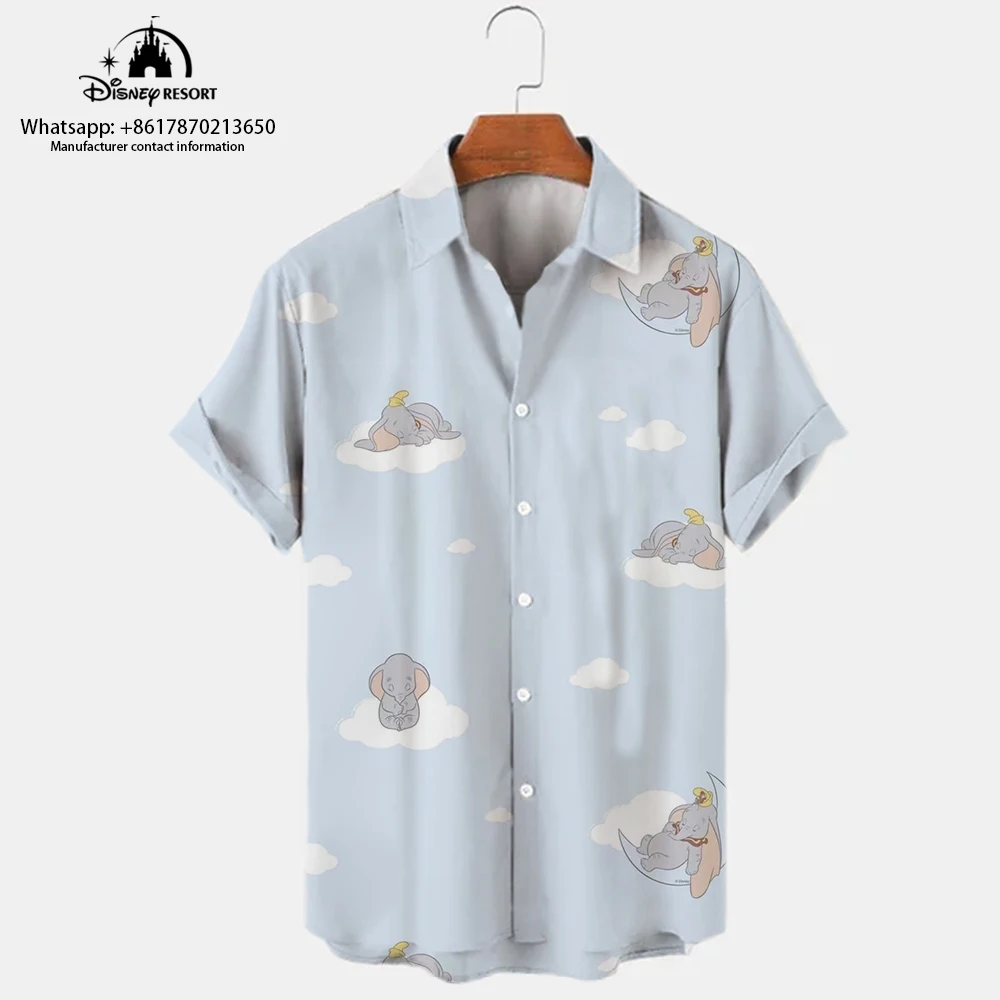 Camisa de single-breasted masculina com estampa dumbo cartoon lapela manga curta, tops casuais na moda com todos os jogos, rua Harajuku, novo, Y2K, 2024