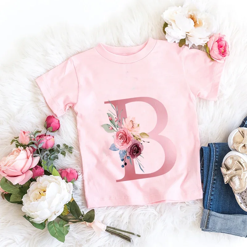 Retro Flowers T-shirt Cotton Pink Lucky Letter  26 English letters A B C D  Kids Girl Boy Children Trend T Casual Clothes Short