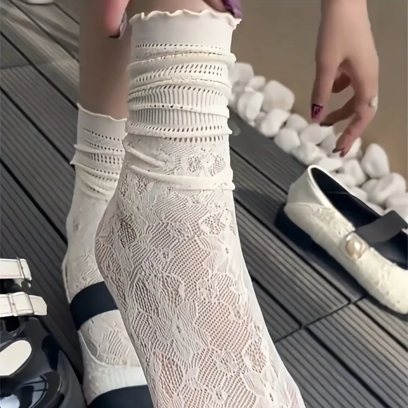 1/3 Paar hohle Netzsocken für Damen, niedliche japanische lange Socken im JK-Stil, ultradünne Sommer-Rüschensocken, koreanische Harajuku-atmungsaktive Socken – Detail 5
