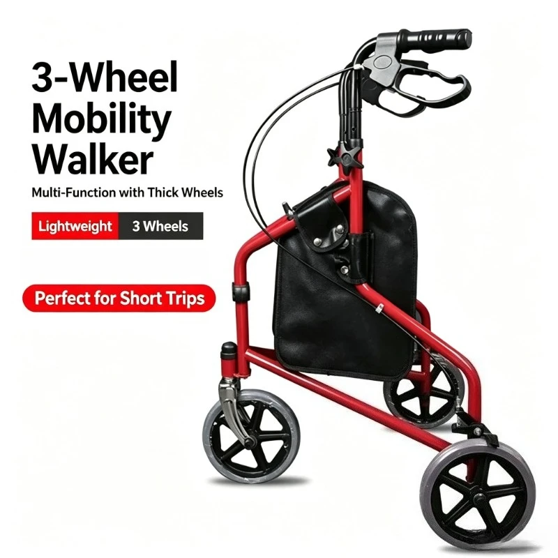 Elderly Auxiliary Hand Push Shopping Cart Foldable Three-Wheel Shopping Cart with Brakes for Walking Assistance