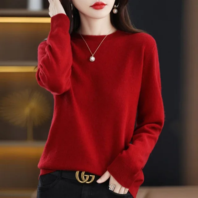 Sweter damski O-neck jesienno-zimowy podstawowy sweter ciepłe, codzienne swetry koreańskie z długimi rękawami solidna dzianinowa koszula z dołem