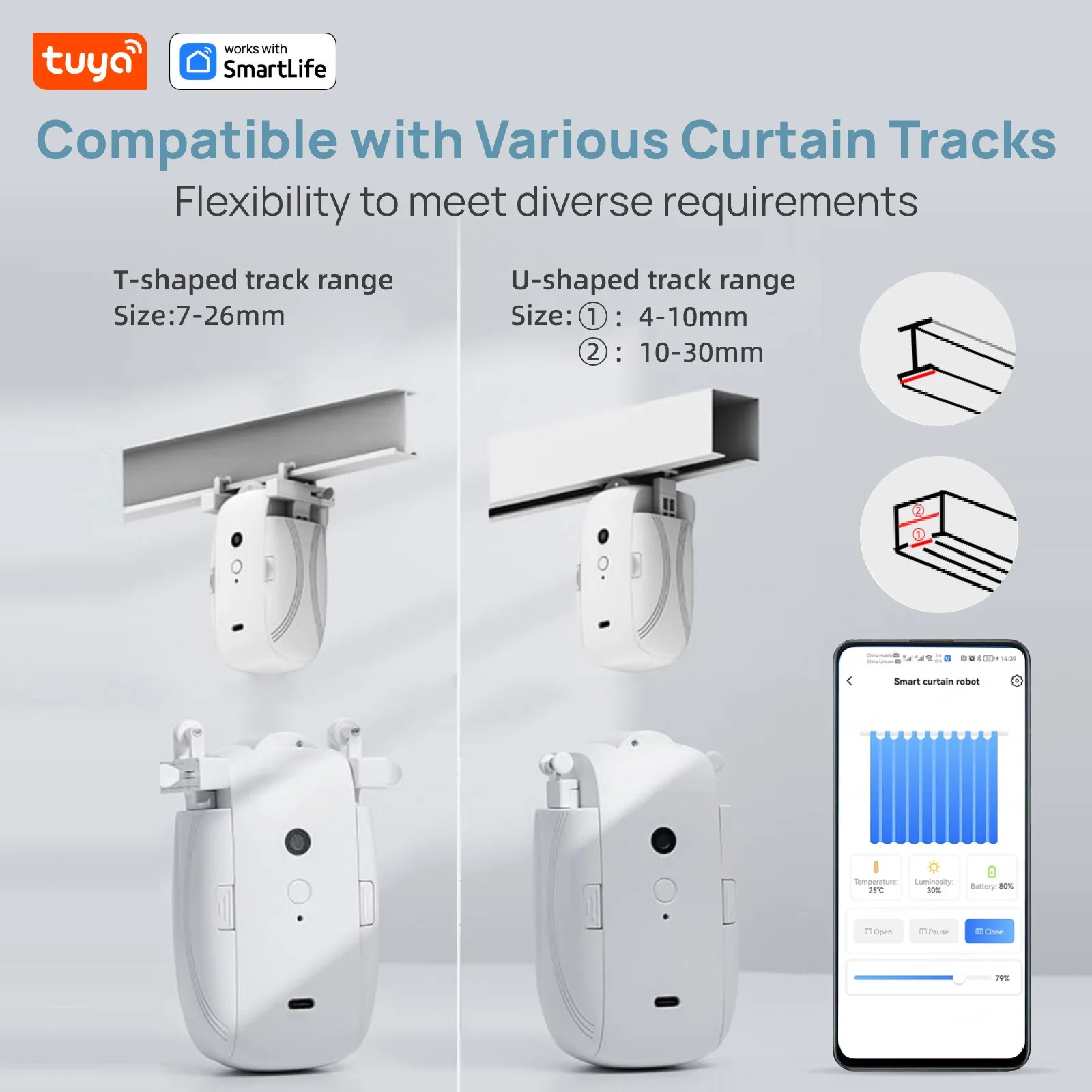 Tuya Smart Curtain Motor (T/U-Rail)-Dual Mode: APP Bluetooth  Short-Range&Remote Controller Control,10M Range,Timer,8KG Capacity